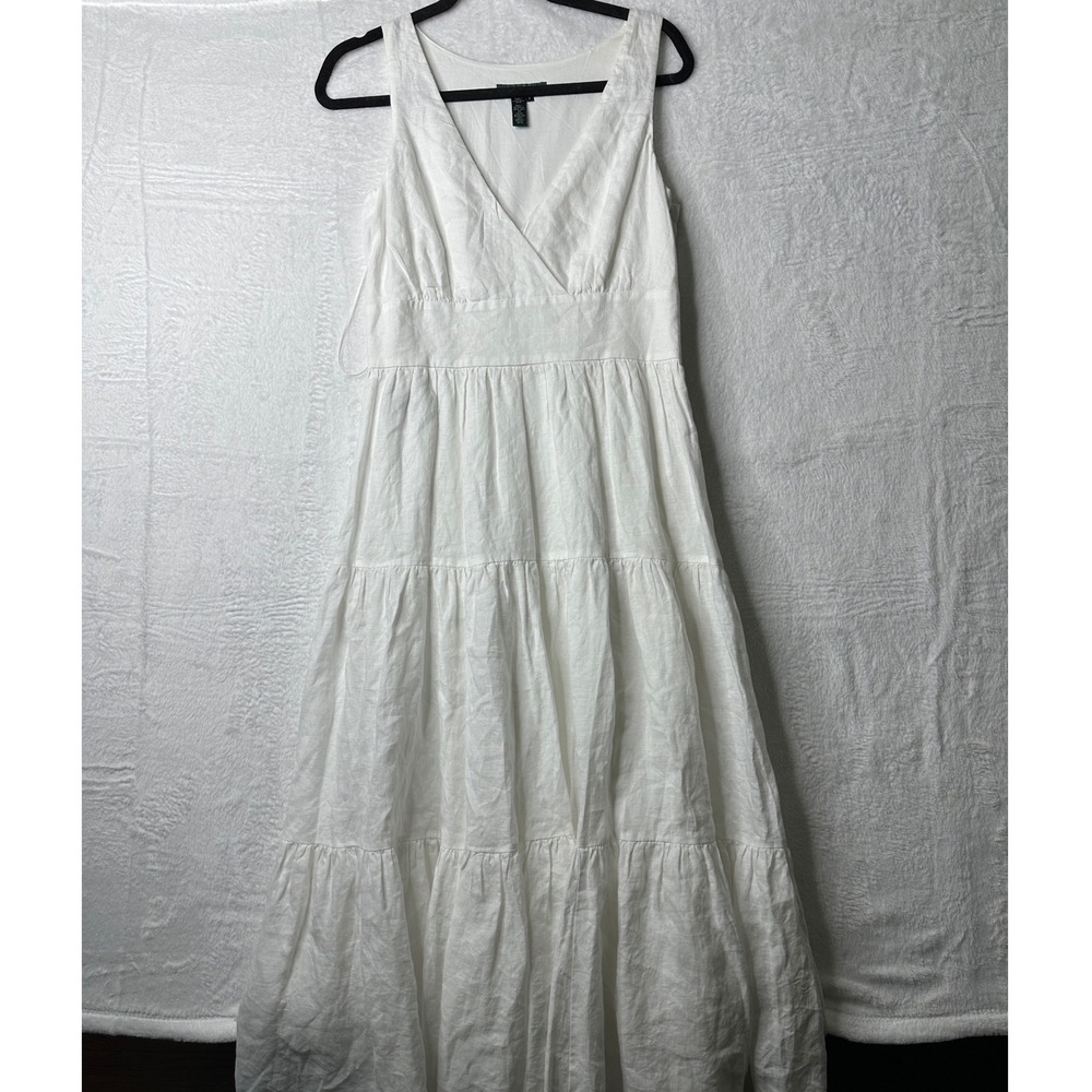 Lauren Ralph Lauren White 100% Linen Tiered Maxi Dress Sleeveless V-Neck 6